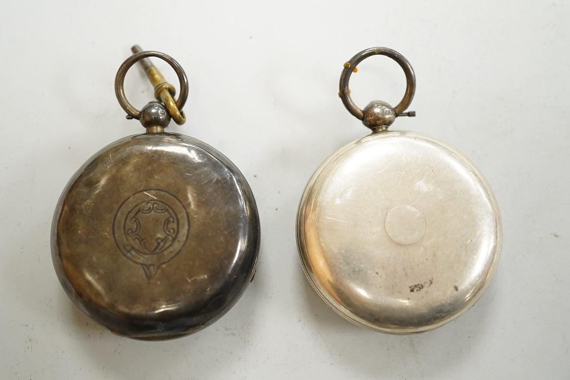 A George V silver cased goliath calendar moon phase open faced pocket watch, case diameter approx. 67mm(a.f.), together with five other pocket watches, including silver and white metal Waltham, a Camerer Cuss chrome case